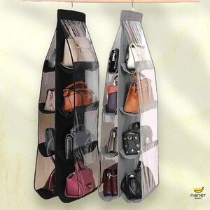 Double Sided Hanging Handbag 8 Compartment Organizer - Black